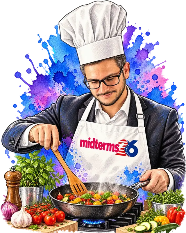 Illustration of Nehemia Gershuni-Aylho as a chef in a white toque and a midterms26 apron, stirring a pan of vegetables over a gas flame, against a blue, purple and pink watercolor splash.